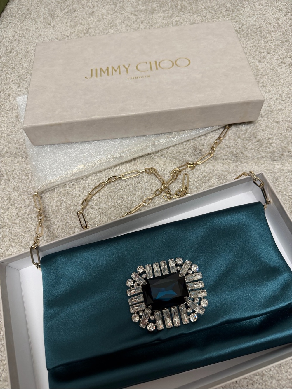 Jimmy Choo Teal Satin Evening Clutch with Crystal Brooch and Gold Chain